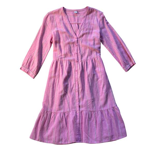 Old Navy Waist-Defined Striped Shirt Dress Size Small Pink Ruffle Hem - Picture 1 of 6